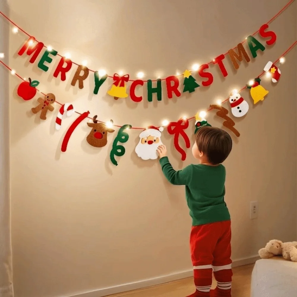Ornament LED Light String Luminous Christmas Banner Handmade DIY Pull Flag Felt Material Polyester Garland Fireplace Mantel