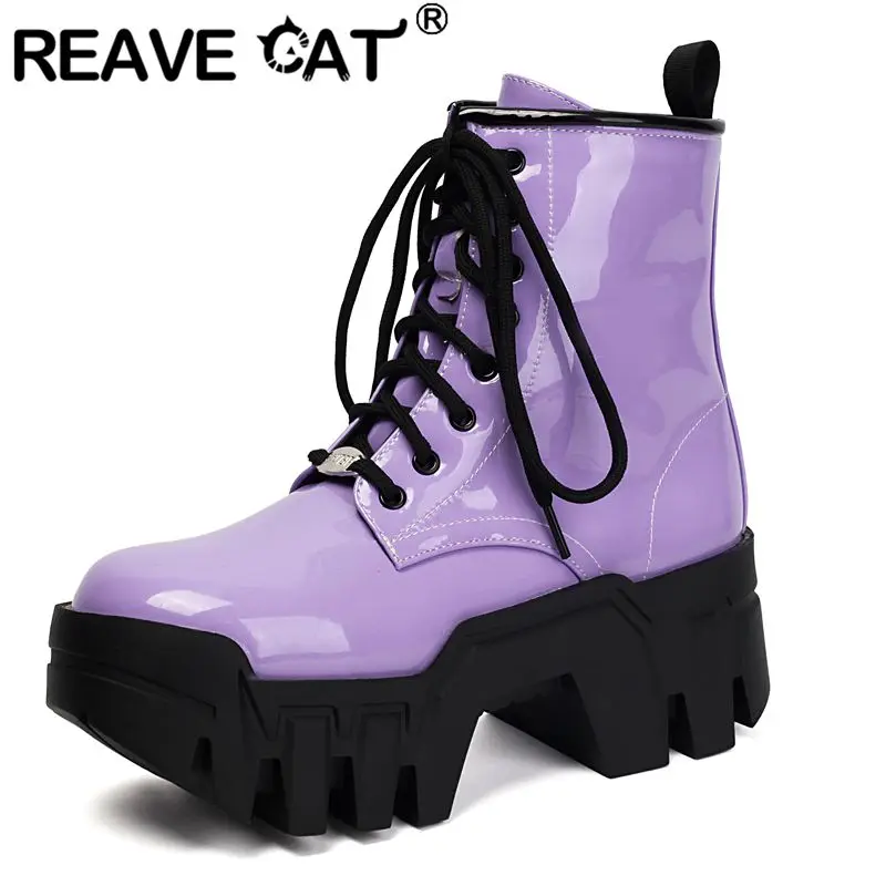 

REAVE CAT 2025 Блестящие женские ботильоны с круглым носком на блочном каблуке 6,5 см Платформа 4,5 см на молнии на шнуровке Большой размер 42 43 44 Fashion Bota