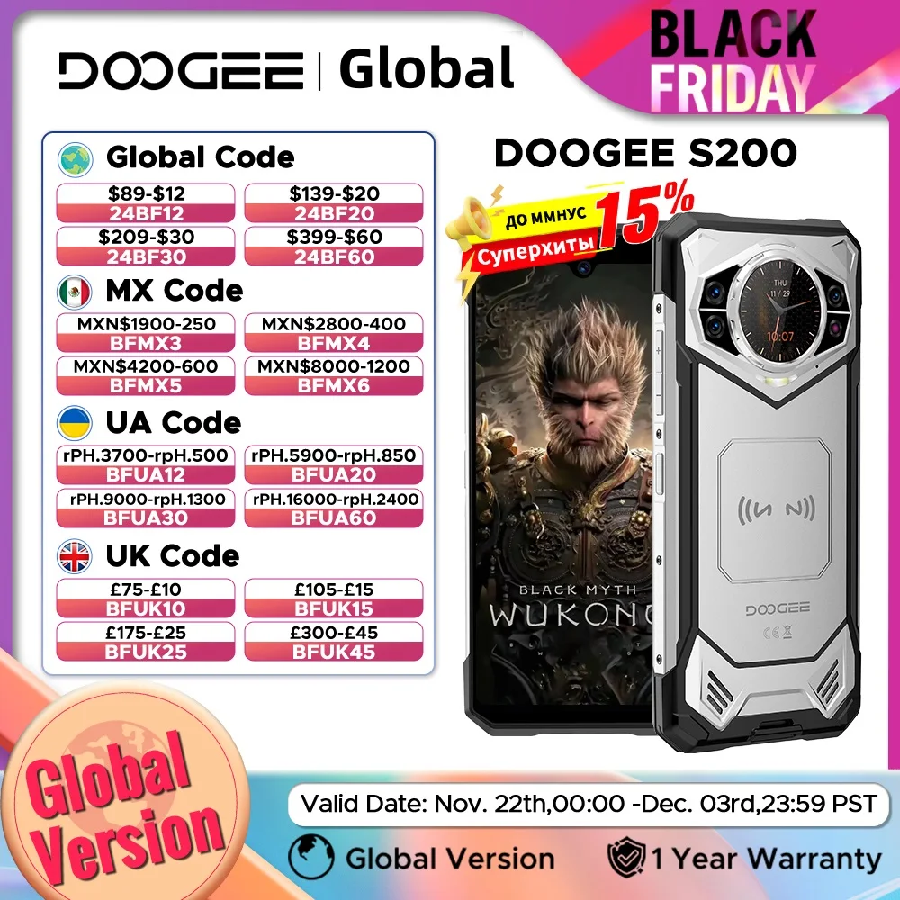 Global Version DOOGEE S200 Rugged Phone 5G 6.72 FHD+ 120Hz 12GB+256GB Dimensity 7050 100MP Camera 10100mAh 33W Charge Android 14