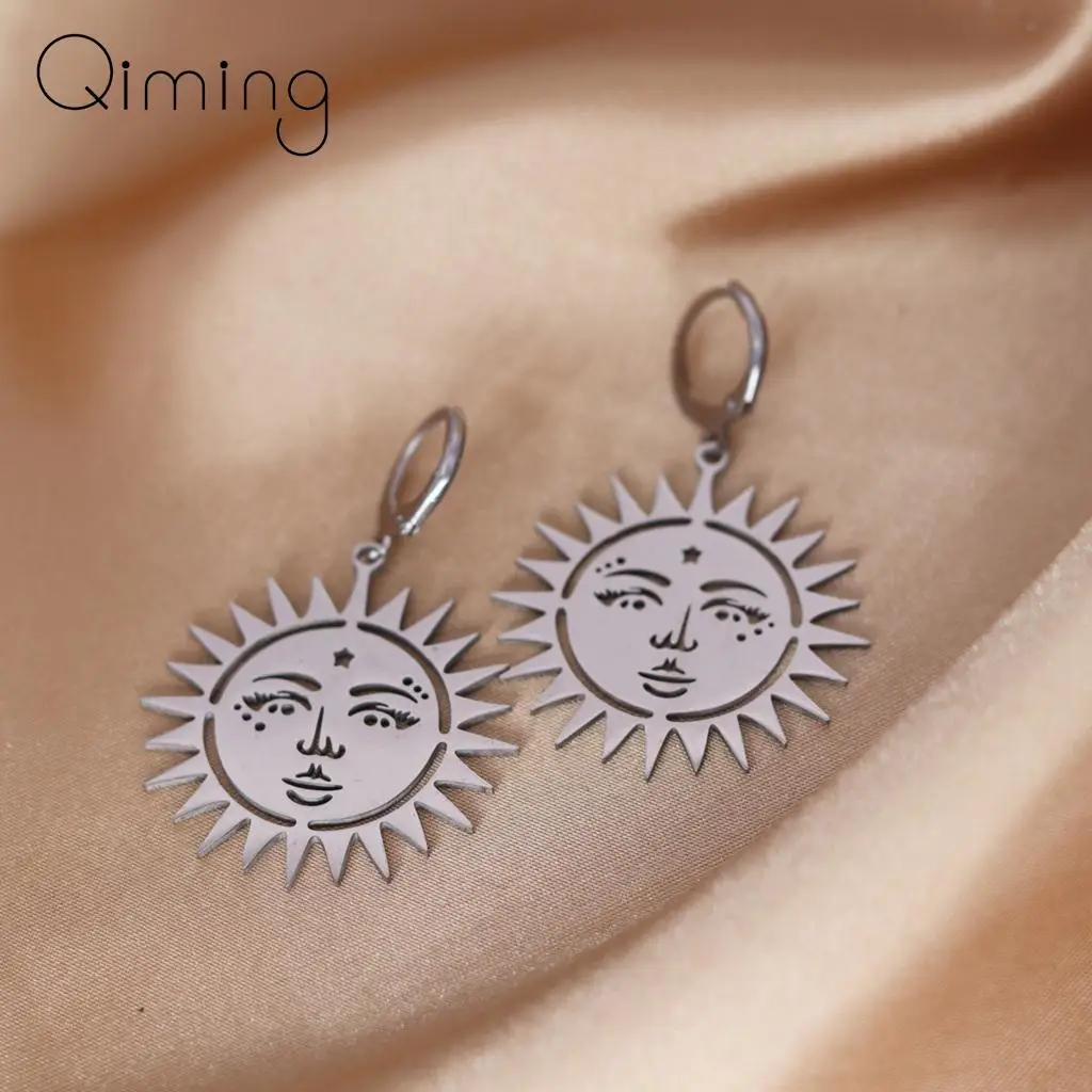 Stainless Steel Sun Face Handmade Earrings Women Jewelry Silver Big Cute Earrings Best Gift