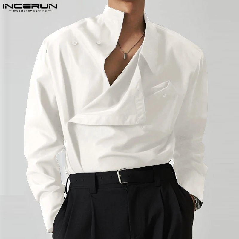 INCERUN 2023 Men\'s Irregular Shirt Solid Color Stand Collar Loose Long Sleeve Casual Men Clothing Streetwear Fashion Male Shirts