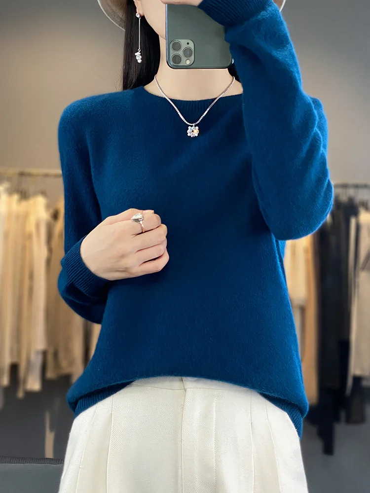 2024 New Women\'s O-Neck Long Sleeve Cashmere Pullover Sweater 100% Merino Wool Knitwear Female Clothing Autumn Winter Tops