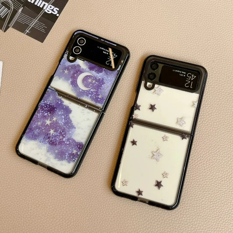 

Moon Star Acrylic Black Border Phone Case for Samsung Galaxy Z Flip 5 4 3 Back Cover for ZFlip3 ZFlip4 ZFlip5 Hard Case Shell