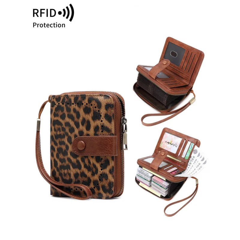Women RFID Blocking Wallet Leopard Print Short Multi Function Zipper Card Holder Retro ID Coin Purse