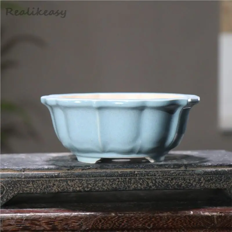 Yixing Purple Clay Flower Pot Crack Ceramic Bonsai Pot Lotus Shape Zen Chinese Style Ancient Decorative Small Flower Pot LE144