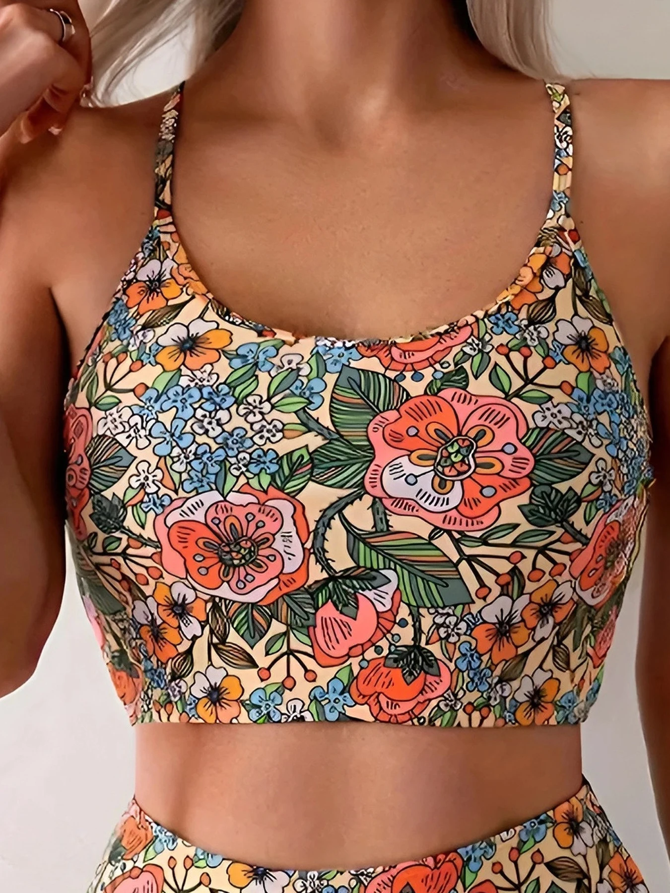 Vintage Floral Print High Waist Bikini Set Women Spaghetti Strap Two Piece Swimwear Push Up High Cut Beach Swimsuit - Image 4