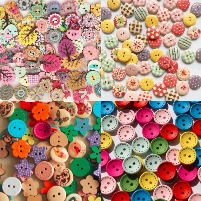 

100Pcs Mixed Color Cute Vintage Wooden 2-Holes Buttons Round Decorative Buttons for DIY Crafts Sewing Clothing Accessories