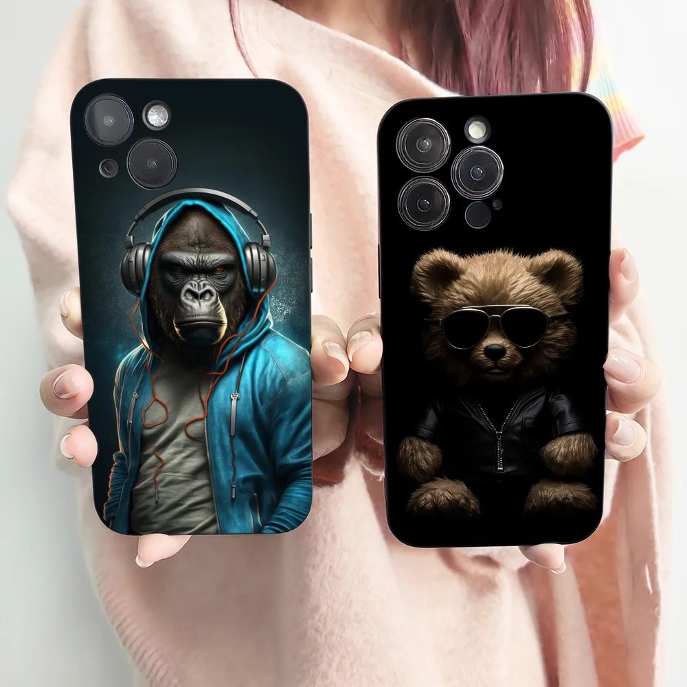 Animal Chimpanzees Cats Wolves Bears Ducks Phone Case Black Phone Case For IPhone 15 14 Plus 13 12 Mini Silicone Cover Funda She