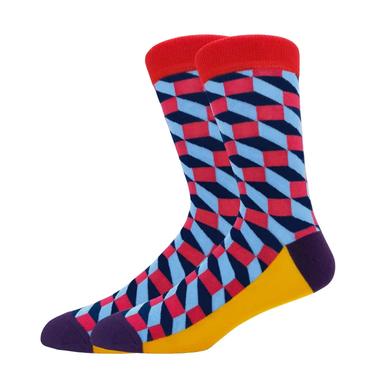 Men\'s Funny Happy Socks High Quality Harajuku Combed Cotton Diamond Pattern Geometric Large size Long barrel Casual Sock