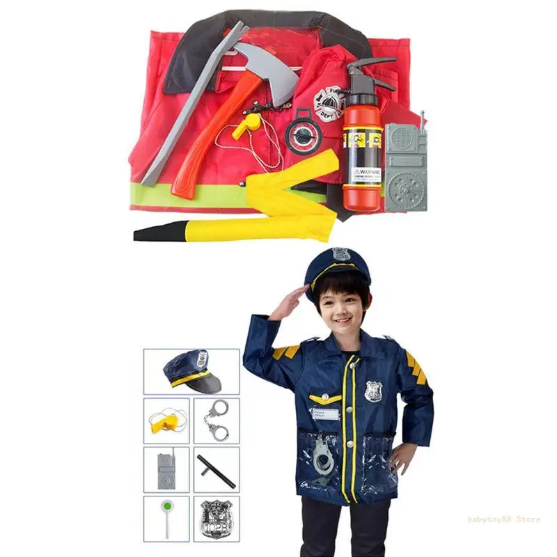 Y4UD Kids Cosplay Costume Career Firefighter Policemen Pretend for Play Halloween Out