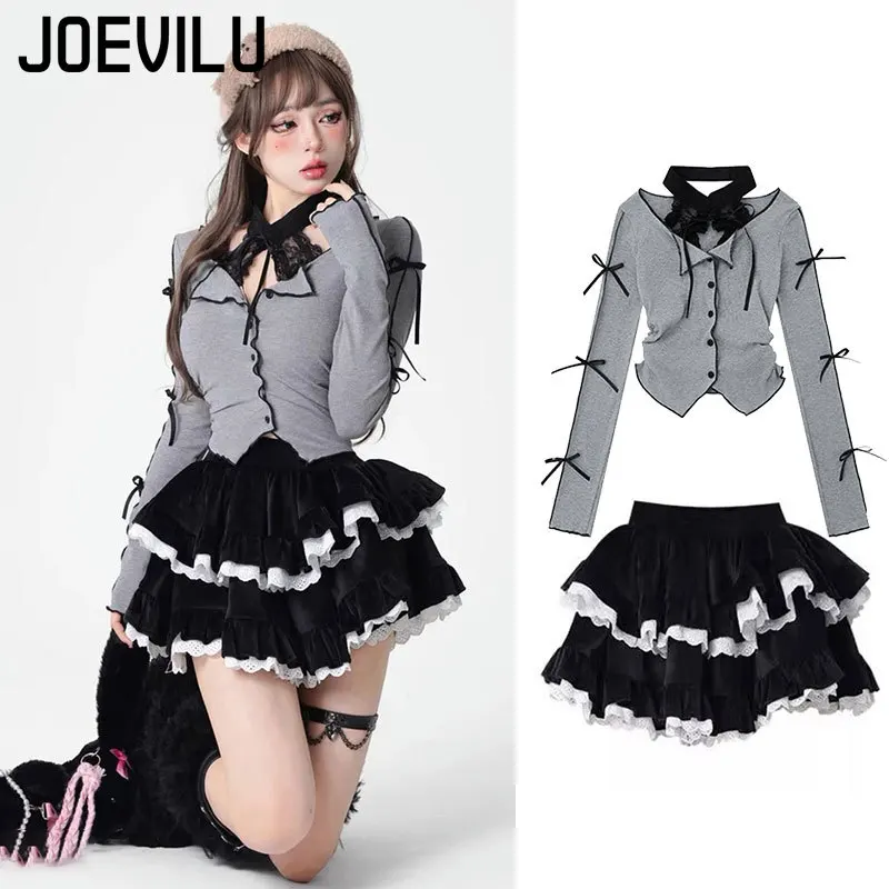 Gothic Skirt Set Bow Tie Tied Top Ballet Style Skirt 2 Piece Sets Lace Corduroy Mini Cake Layered Skirt Women Outfits Y2k Suit