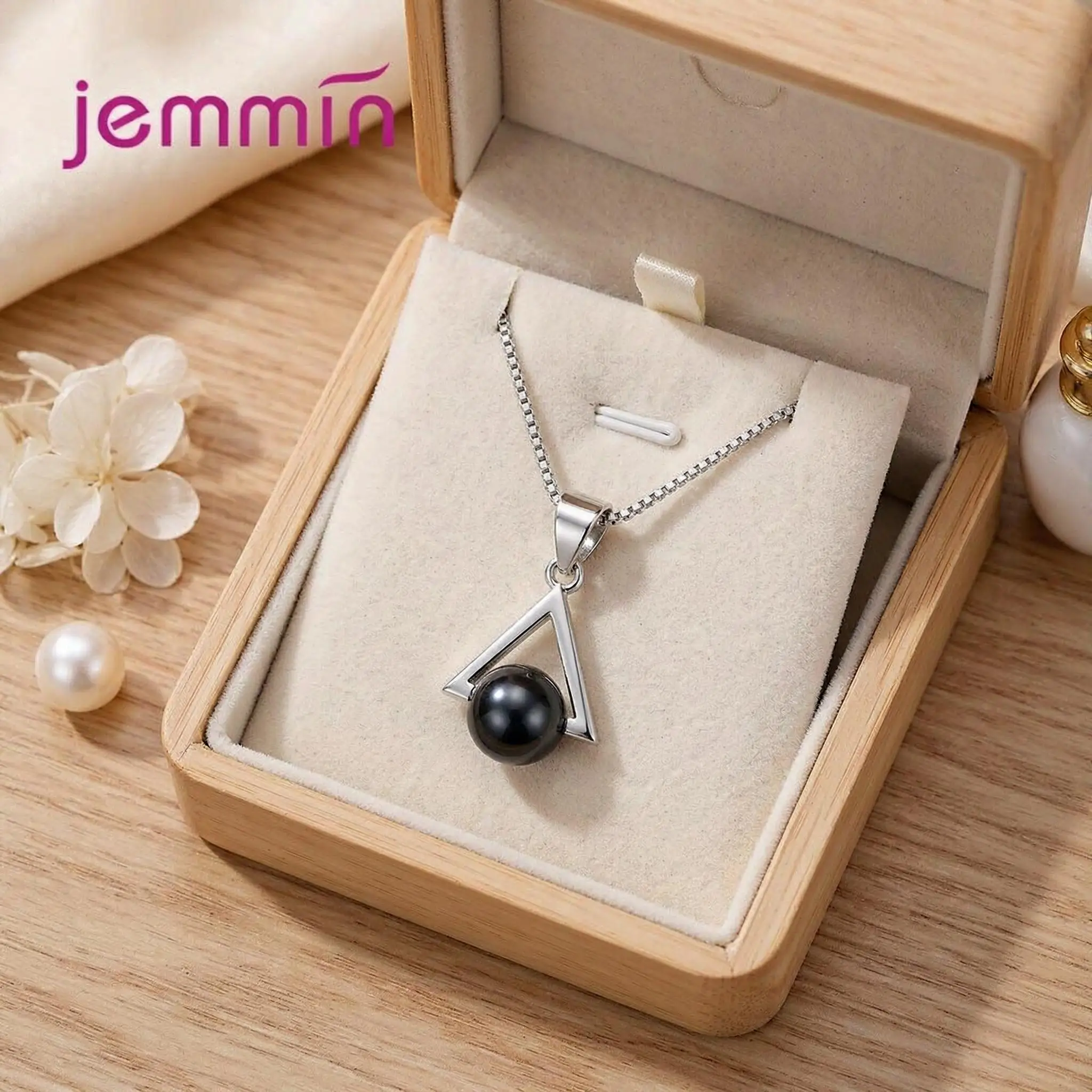 Simple 925 Sterling Silver Triangle Black Ball Pendant Necklaces For Women Girls Daily Anniversary Party Fashion Jewelry Gifts