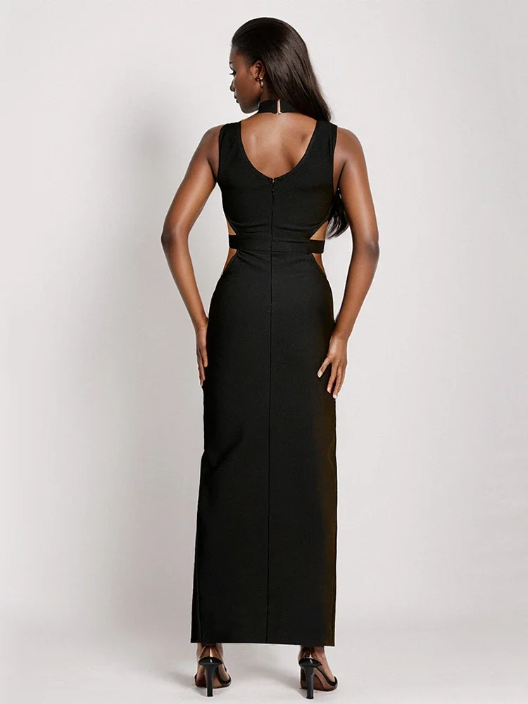 Sexy Ärmelloses Aushöhlen Mesh Patchwork Verband Kleid Frauen Schwarz Neckholder Split Lange Bodycon Kleider Abend Party Kleider