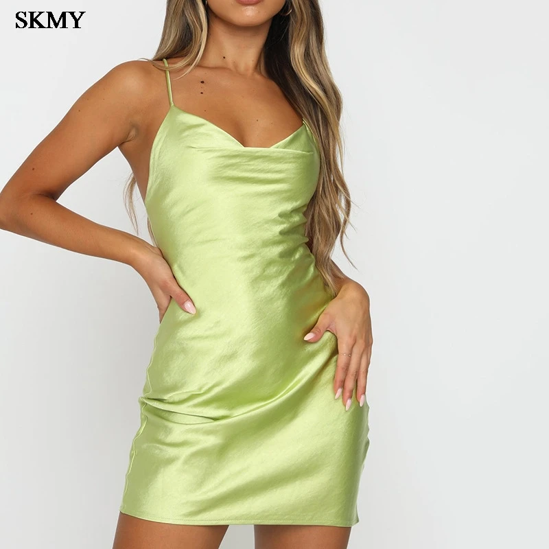 فستان SKMY 2025 صيفي جديد للسيدات برباط بدون ظهر عصري ومثير بحمالات فساتين Ropa Mujer للنساء