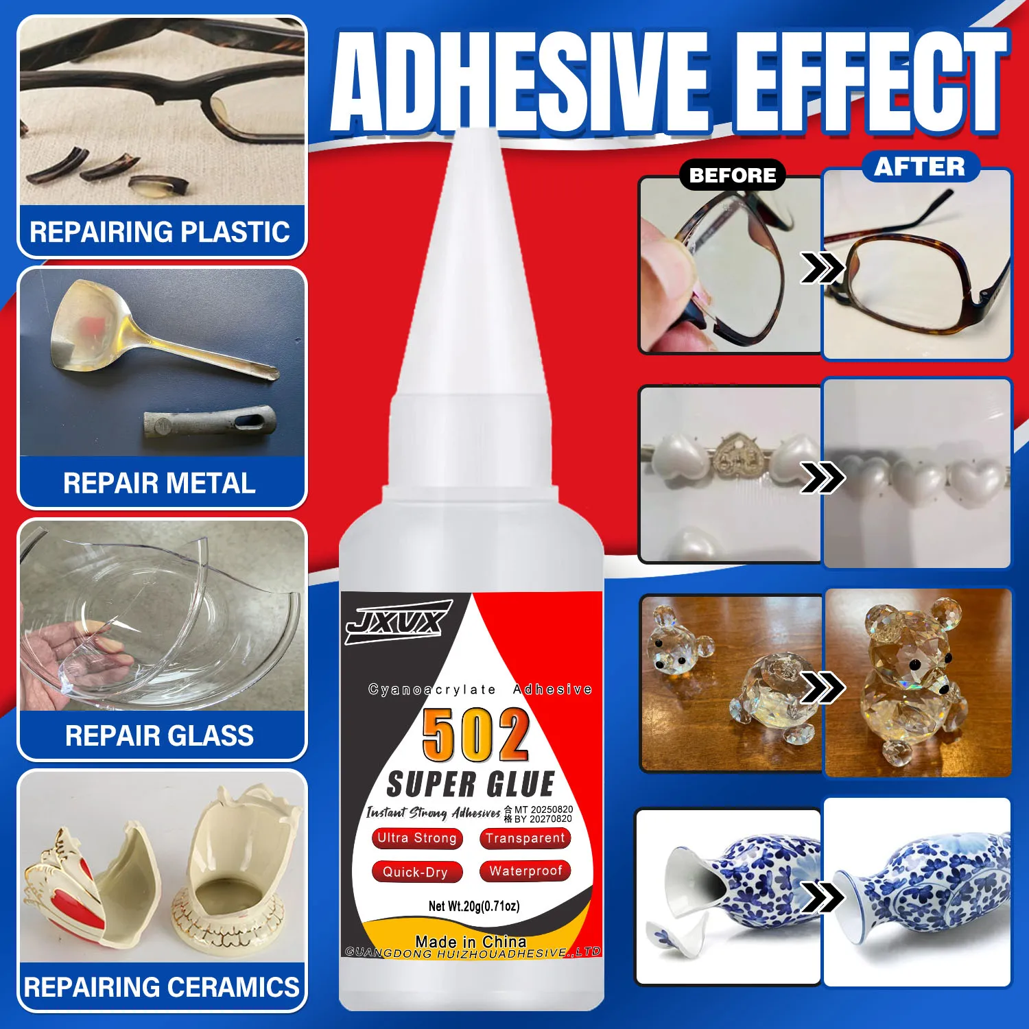 JXVX 1-10 قطع 502 غراء فائق القوة عام فوري سريع الجفاف لاصق سيانو أكريليت للجلد والمطاط والخشب والمعدن أداة غراء سائل قوية للربط للمكاتب المنزلية والمواد الصناعية للإصلاح 20 جرام.