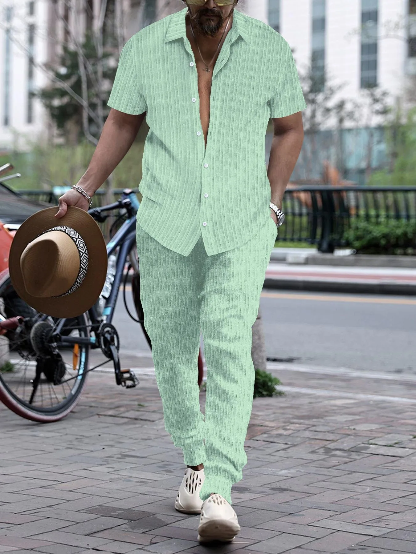 2024 Summer Thin Men\'s Casual Lapel Solid Color Micro Stretch Shirt Loose Striped Short Sleeve Pants Beach Suit