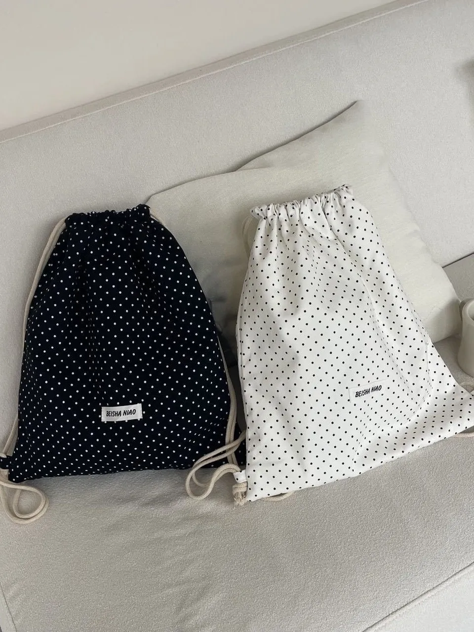 Simple Polka Dot Drawstring Backpack Light Fabric Sack Bag Korean Ins Style Large Capacity Travel Casual Student Rucksack