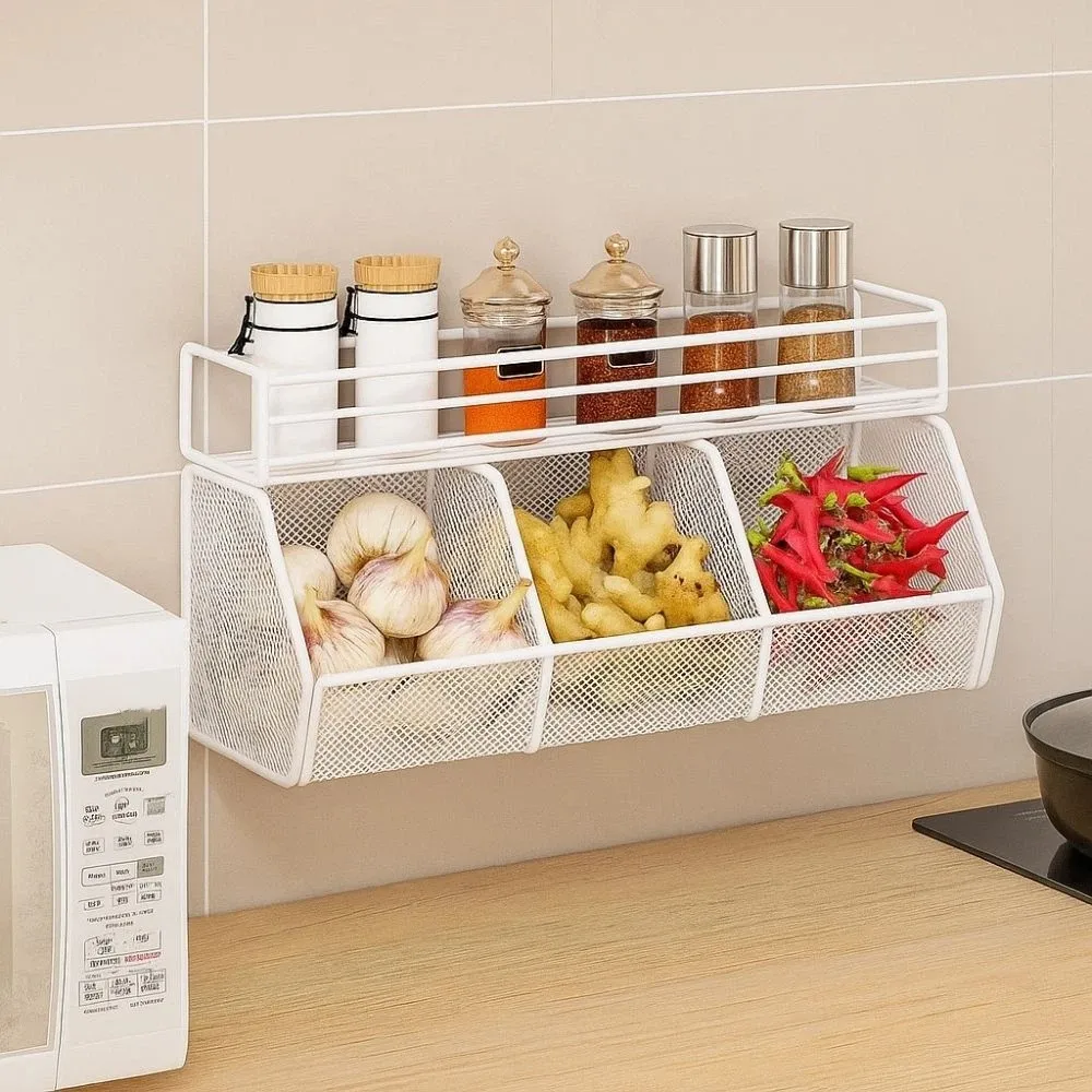 

Wall Mounted Kitchen Storage Basket Punch-Free Carbon Steel Vegetable Drainage Basket Grid Spice Storage Shelf