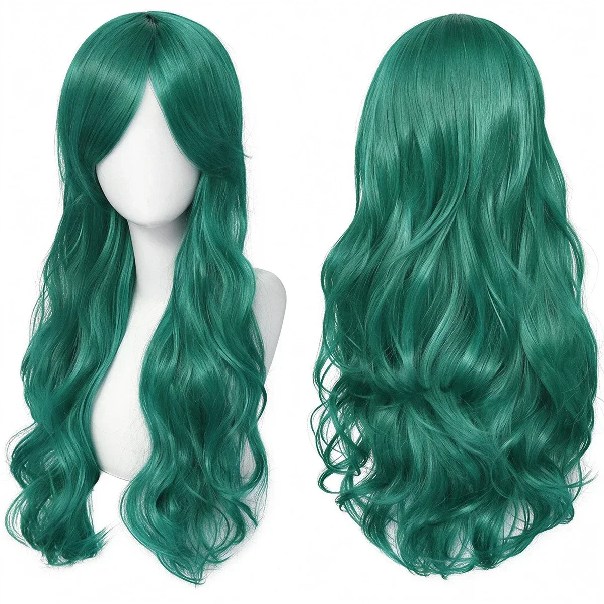 Synthetic Hair Green Long Wavy Wig, Long Bangs Anime Cosplay Wig Heat Resistant for Women Halloween Party Costume