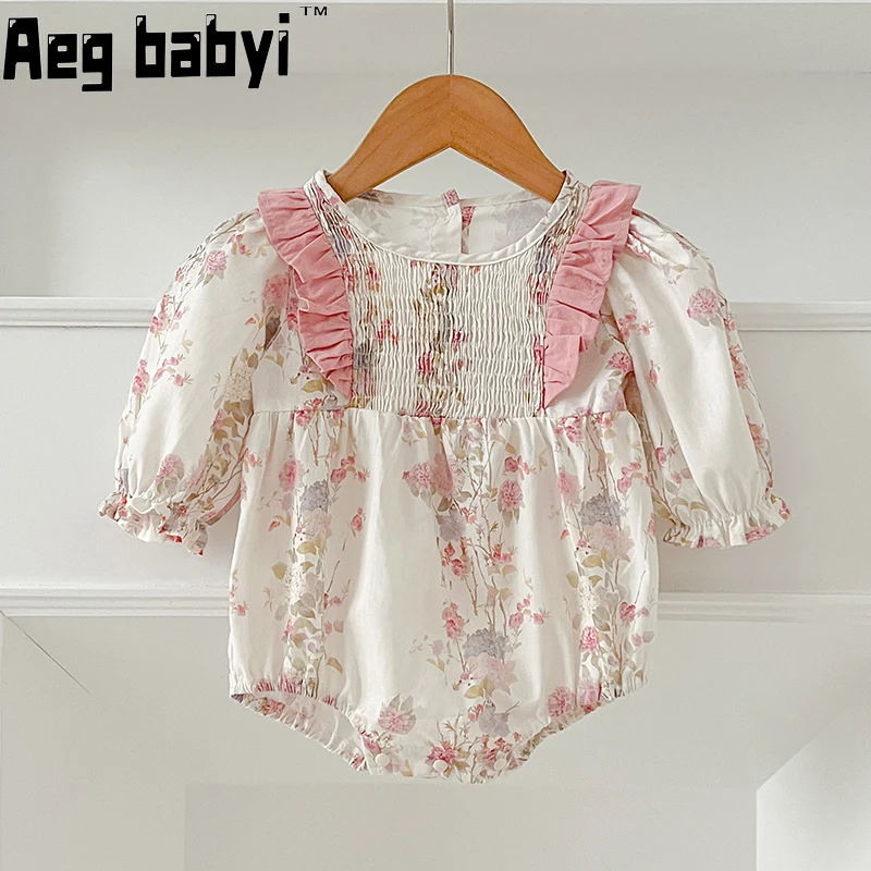 

Baby Girls Romper Autumn New Baby Girls Long Sleeve Bodysuit Smocking Stitch Floral Cotton Infant Clothes Spring 0-24M