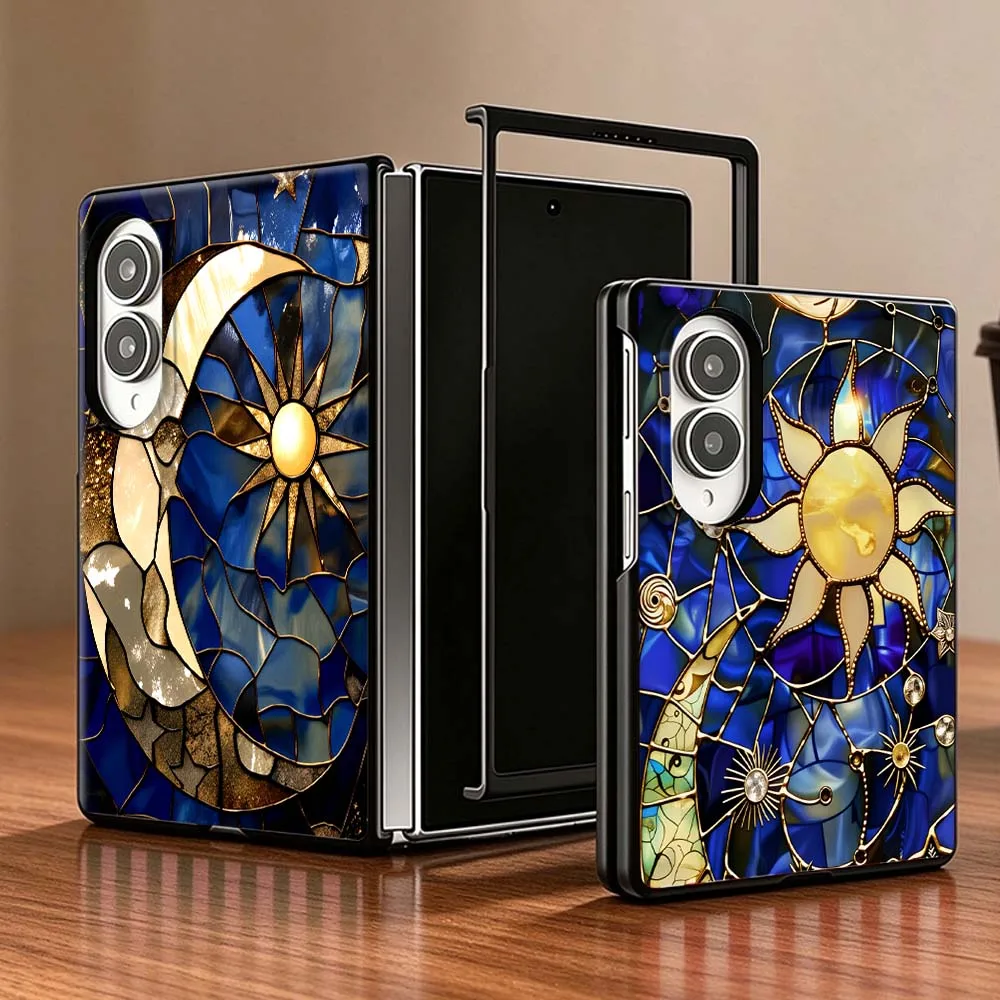 Stained Glass Sun Moon Style PC Foldable Hard Phone Case For Samsung Galaxy Z Fold 8 5G Non-slip Shockproof Black Shell