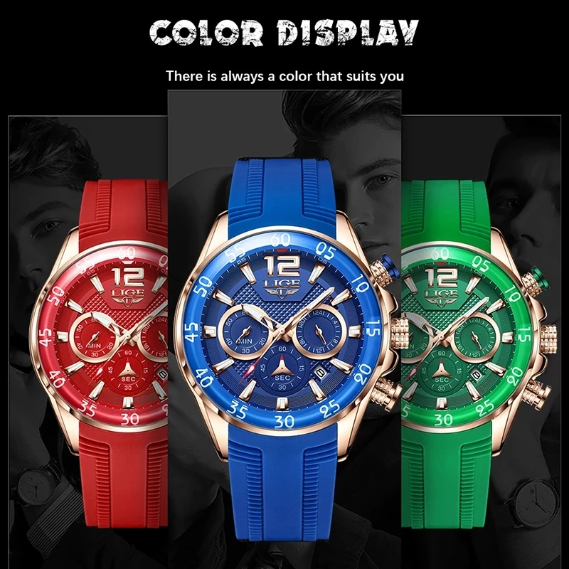 LIGE Silicone Sports Mens Watches Waterproof Quartz Wristwatches Chronograph Date Male Clock Fashion Watch for Men Montre Homme