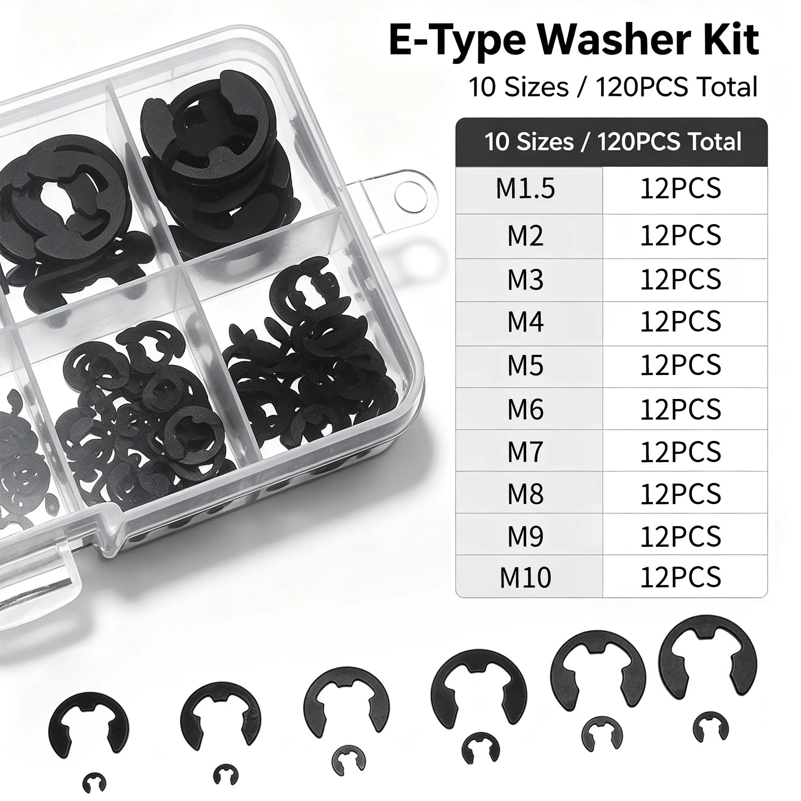 120PCS 10 Sizes M1.5-M10 Black Stainless Steel E-Clip Washer Set, External Snap Ring E Type Retaining Circlip for Shaft Fixing