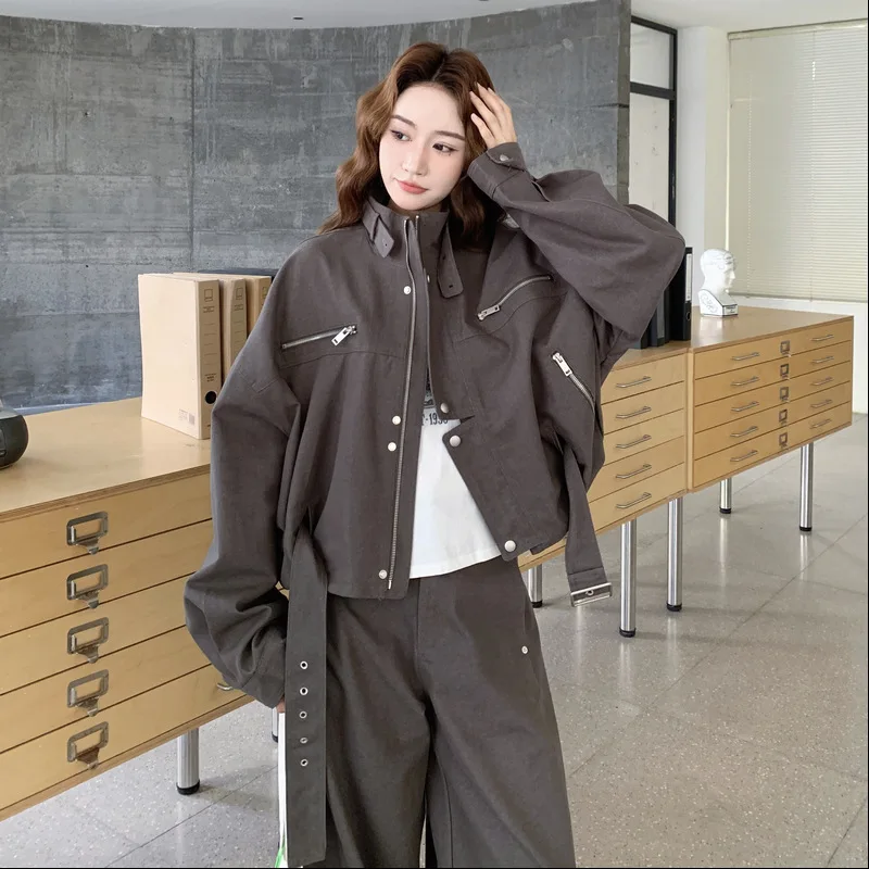 سترة ملابس عمل قصيرة الطراز + سراويل مستقيمة الساق طقم مكون من قطعتين للنساء 2025 طقم شارع جديد فضفاض على الطراز الأمريكي متعدد الاستخدامات #1