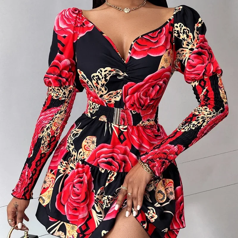 

Floral Print Dress Women Short Dresses Sexy Print Party Club V Neck High Waist Hip Elegant Splice A Line Puff Sleeve Vestidos