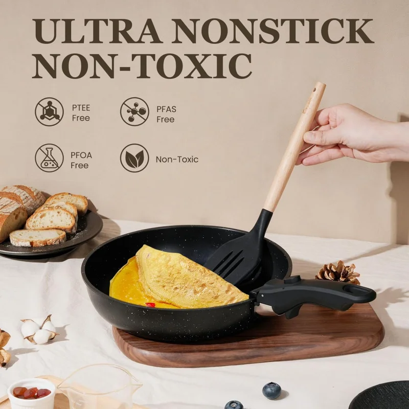 20 Pcs Pots and Pans Set Non Stick, Detachable Handle Cookware Sets Nonstick, Non Toxic Induction RV Kitchen Cooking Set with Re