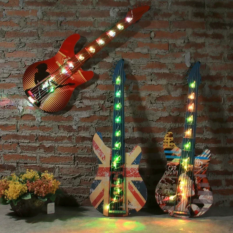 

Creative LED Lamp Wrought Iron Guitar Decoration Vintage Home Industrial Decor Decoration Retro Pendant Bar Mural Guitar Crafts
