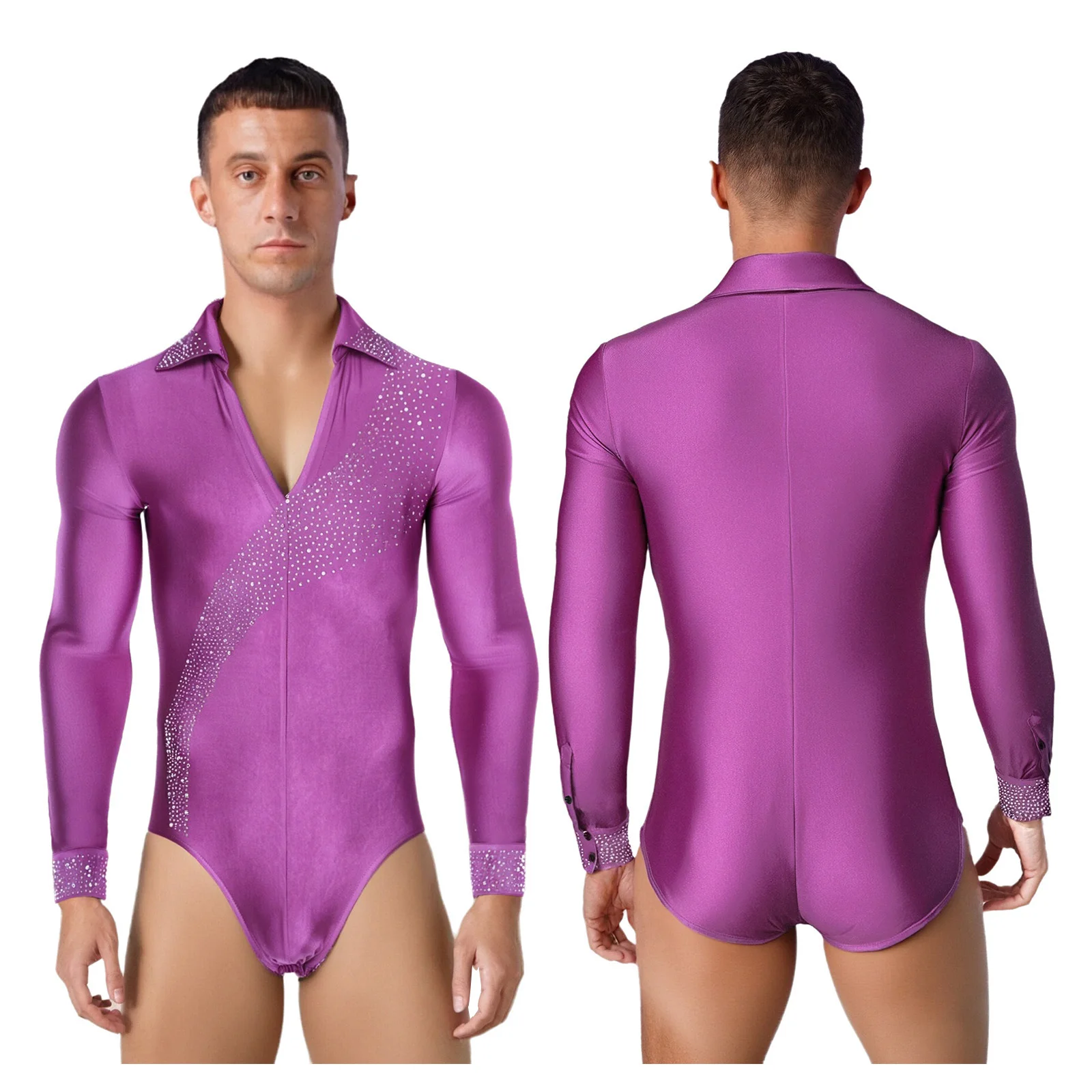 Mens Sparkling Rhinestones Latin Dance Jumpsuit Long Sleeve Bodysuit for Modern Latin Dancing Figure Ice Skating Stage Costumes