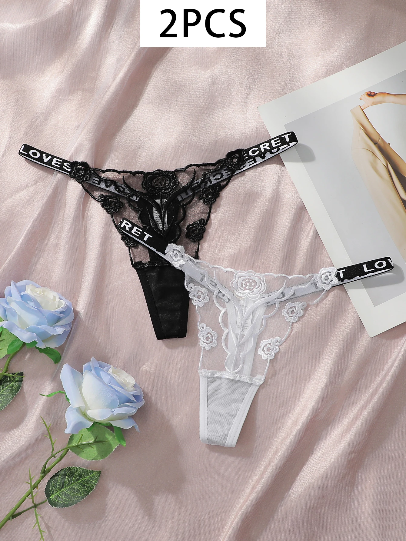 2 stücke Damen Neue Spitze Sexy Schwarz Und Weiß Gestickte Blume Drucken Sexy Set Tanga Unterwäsche C2648 – Detail 19
