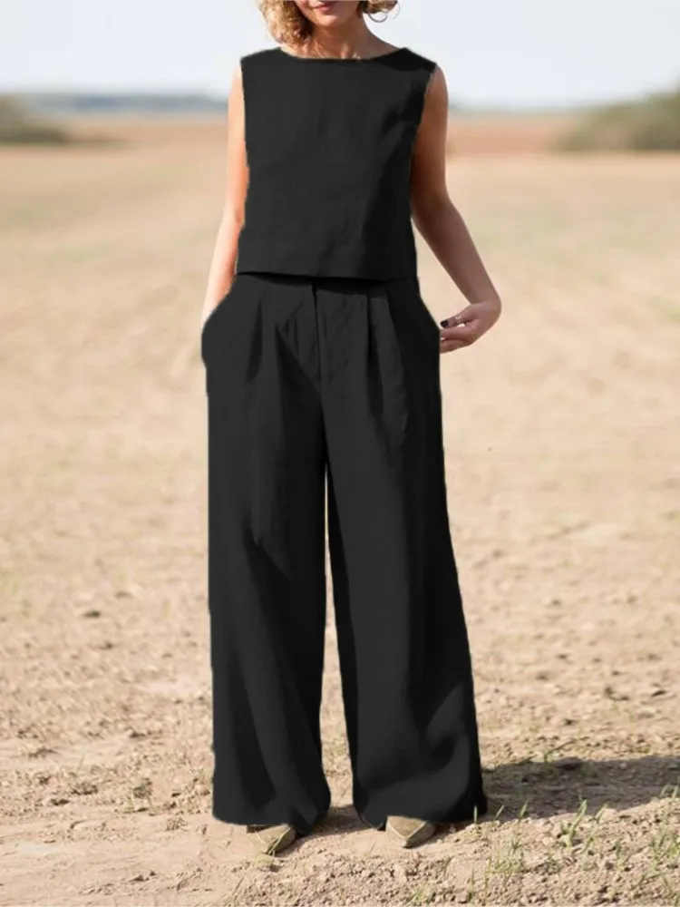 Summer Loose O-Neck Sleeveless Top Wide Leg Pants Two Piece 2024 Fashion Casual New Suit Women Solid Cotton Linen 2 Piece Suits