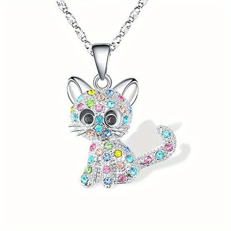 Colorful Rhinestone Decor Kitty Pendant Necklace Earring Set Elegant and Fashionable Jewelry Accessories for Womenniche Style,