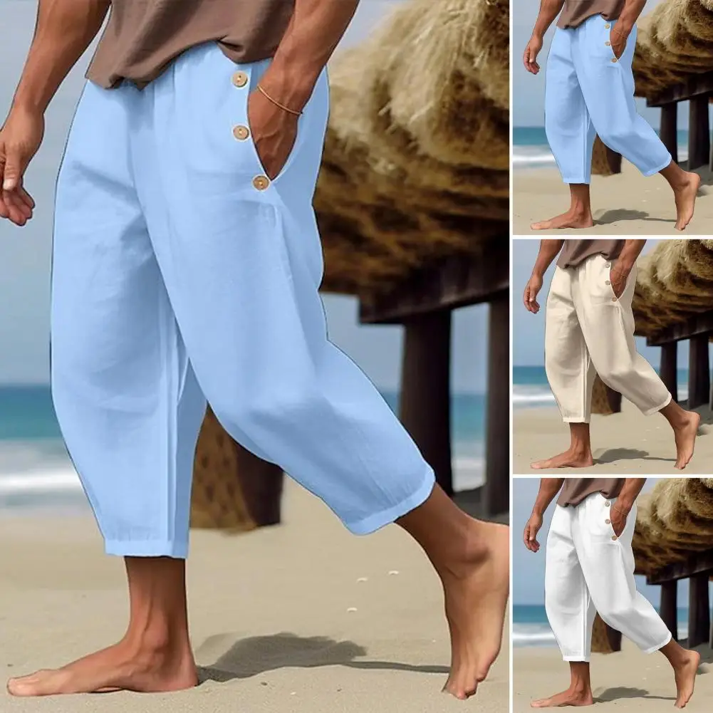 

Men Loose Bottoms Quick-drying Men's Cropped Sweatpants with Side Pockets Drawstring Waist for Gym Training Beach Activities Men