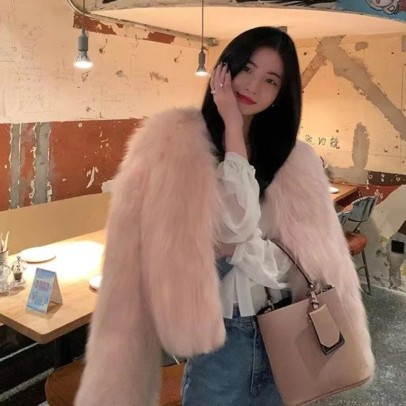 Korean Fashion Faux Fox Fur Jacket Women Winter Warm Hairy Plush Short Outerwear Woman New Versatile Loose Fluffy Faux Fur Coats