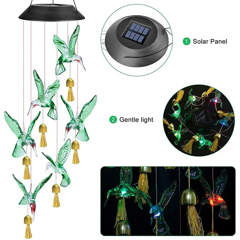 

LED Solar Crystal Ball Wind Chime Hummingbird Wind Chime Light Outdoor Garden Waterproof Colorful Changing Hanging Solar Light