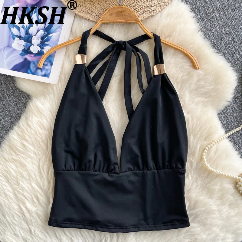 

HKSH Summer New Women American European Trendy Camisole Ins Sexy Vest Fashion Deep V-neck Halter Neck Slim Fit Tank Tops HK8166