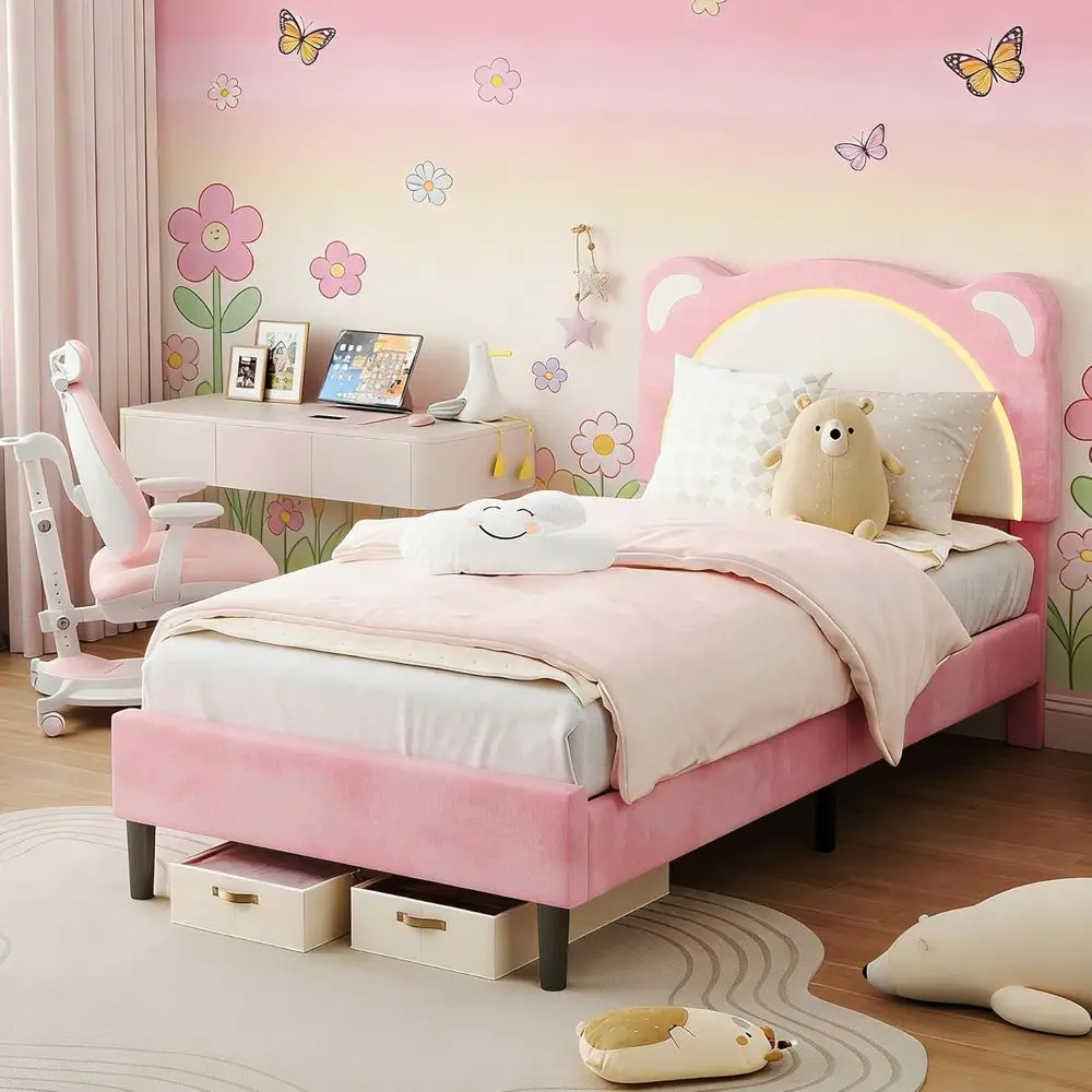 

Детская кровать Twin Size с милым дизайном в виде медведя, светодиодной подсветкой, регулируемой решеткой, бархатной обивкой, розовая