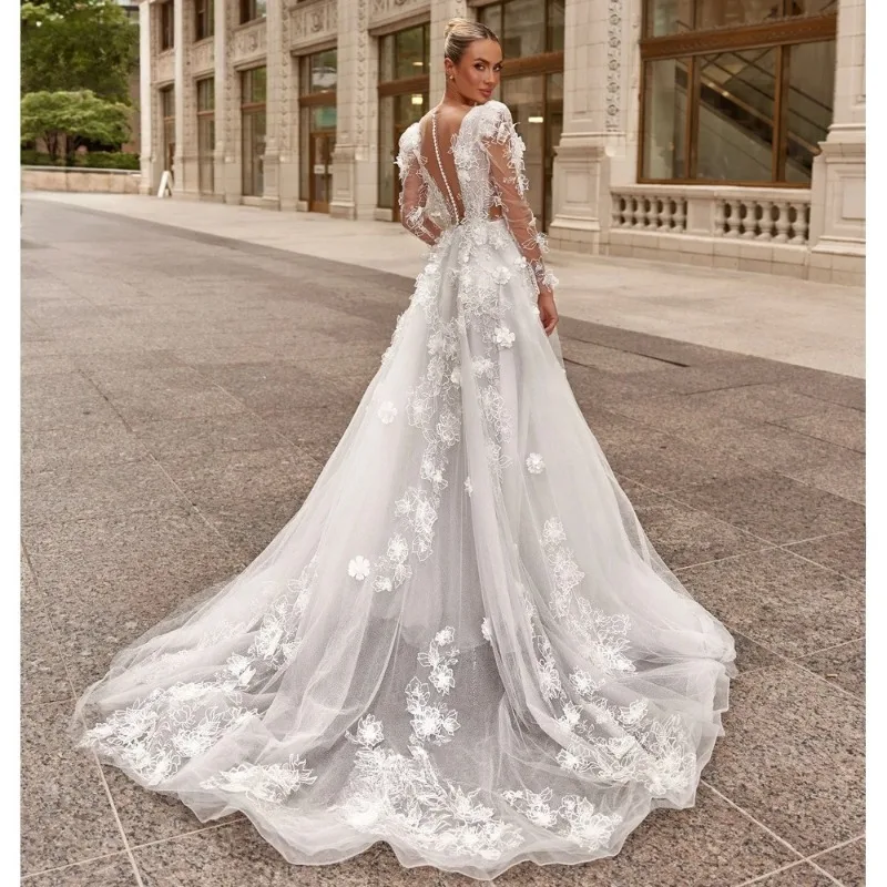 Customized Fashion V-neck Open Back Hollow White Gauze 3D Flowers A-Line Wedding Dress Bride Gown Princess Party for The Bride