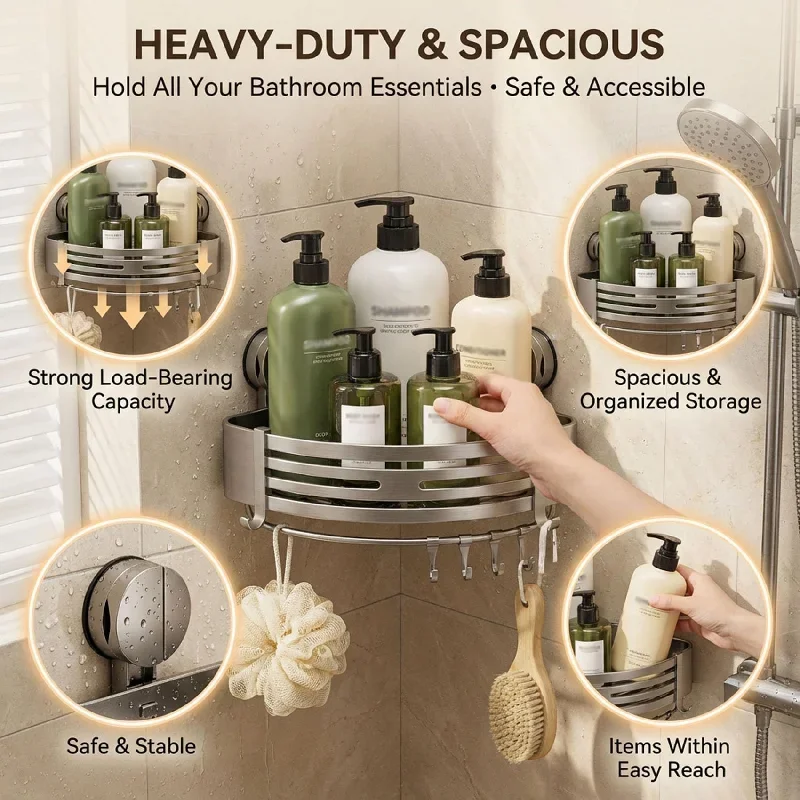 Suction Cup Corner Bathroom Shelf No Drill Triangle Shower Organizer Adhesive-Free Wall Rack for Toiletries Storage
