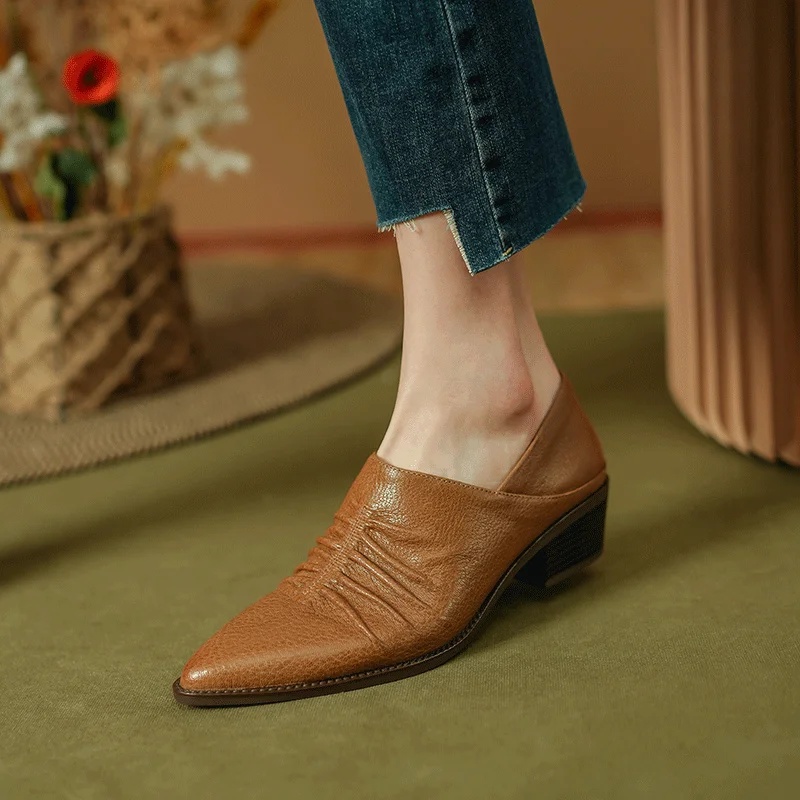 

Women Pumps Pointed Toe Real Leather Slip-On Lady Vingtage Pumps Ladies Mules Thick Heel Spring Autumn Sheepskin Loafers