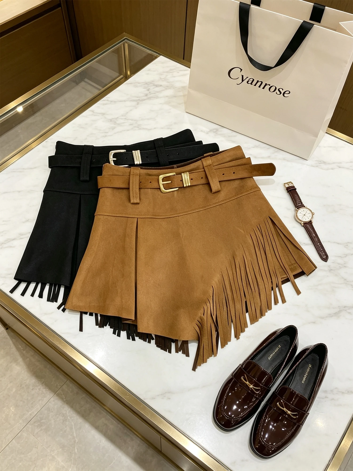 Women's Brown A-line Shorts Vintage High Waist Fringe Asymmetrical Shorts Retro Y2k Gyaru Wide Leg Short Pants for Women Summer