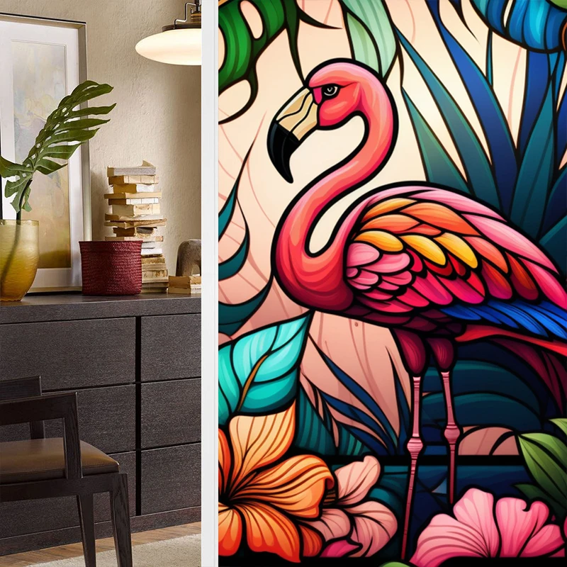 Kleurrijke Retro Bloem Vogel Glasfolie PVC Elektrostatische Glasstickers Gebrandschilderde Glasfolie Statische Cling Frosted Glass Film