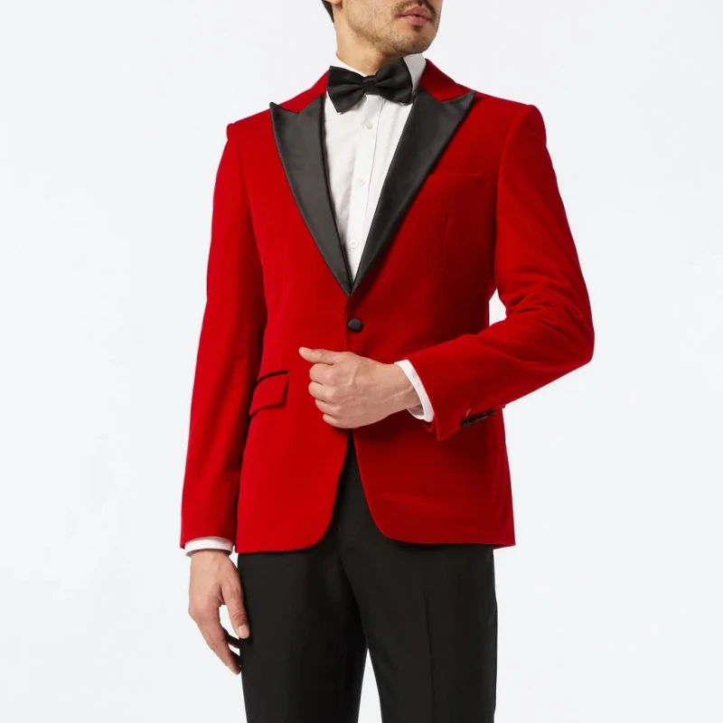 Men Suit 2 Pieces Red With Black Lapel Slim Business Casual For Wedding Groom Banquet Tuxedo Set Jacket With Black Pants