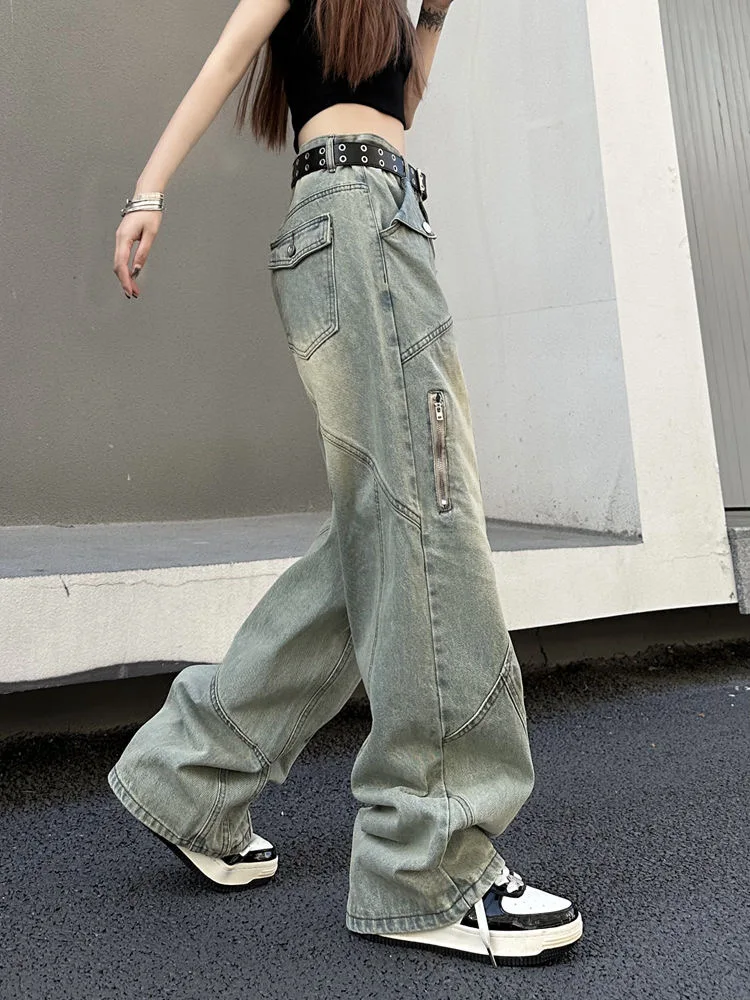 Retro waed americano sle lama tintura jeans feminino solto perna reta design de cintura alta primavera outono inverno uso sazonal