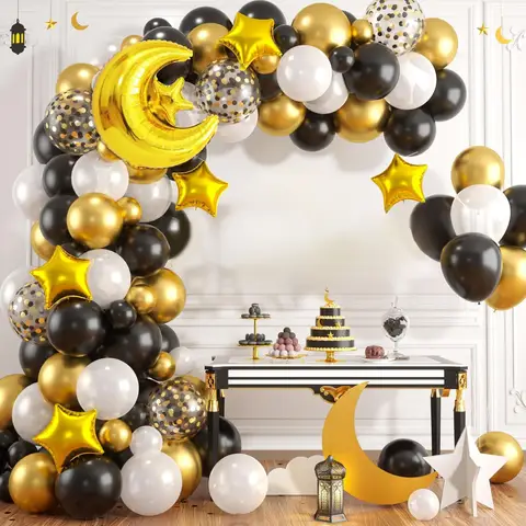100pcs Black and White Gold Moon Mubarak Balloon Garland for Ramadan Parties, Birthdays, Indoor and Outdoor Decorations, Etc