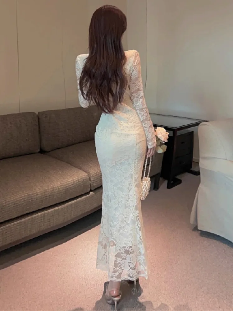 Topanoma Temperament Evening Dresses Women Sexy Lace Patchwork Long Sleeve Slim Mermaid Dress Elegant Wedding Party Cocktail