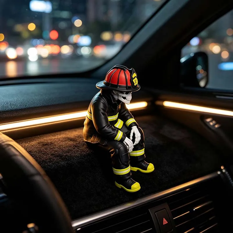 Skeleton Firefighter Shelf‑sitter Figurine Resin Fireman Skull Statue Halloween Edge Sitting Ornament Desktop Decoration Gift